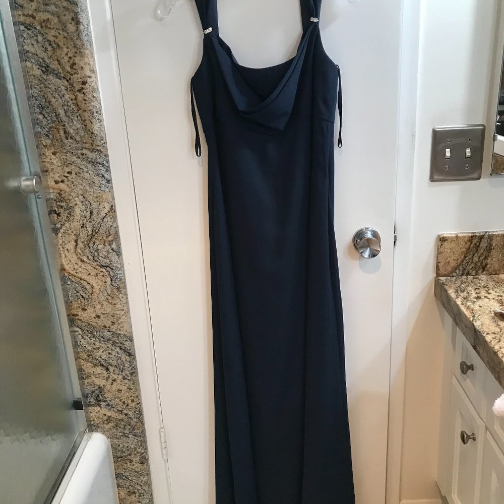 Michaelangelo Navy blue formal sleeveless gown with train and wrap